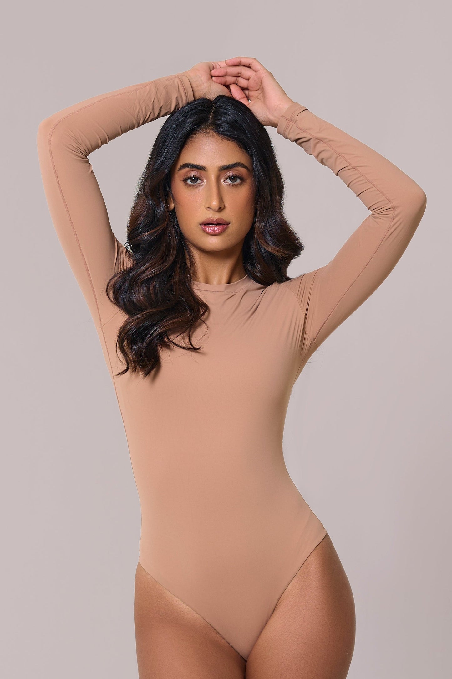full sleeves bare bodysuit in beige color