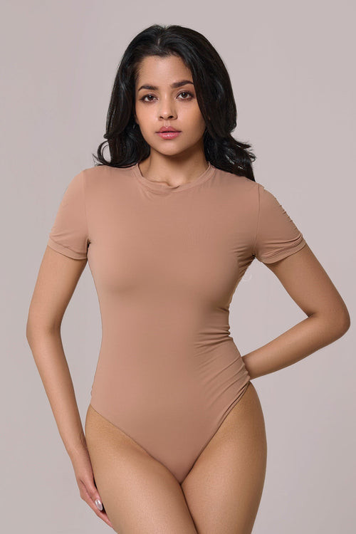cap sleeves bare bodysuit in beige color
