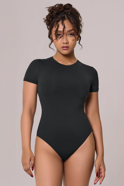cap sleeves bare bodysuit in black color