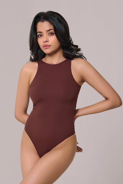 sleeveless bare bodysuit in brown