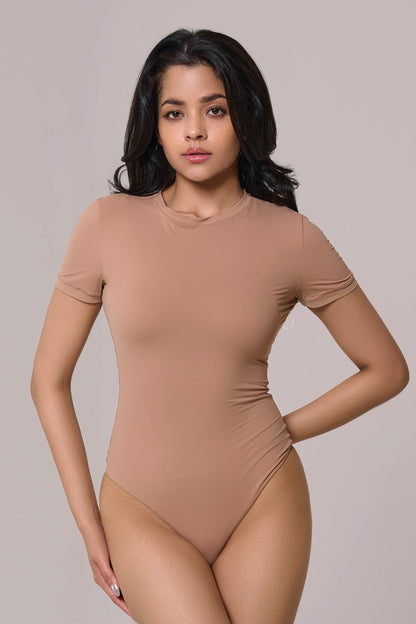 cap sleeves bare bodysuit in beige color