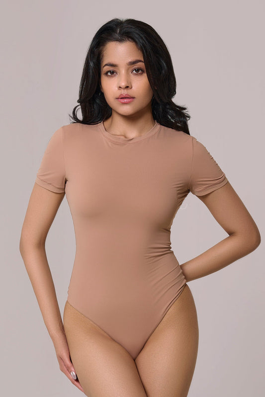 cap sleeves bare bodysuit in beige color